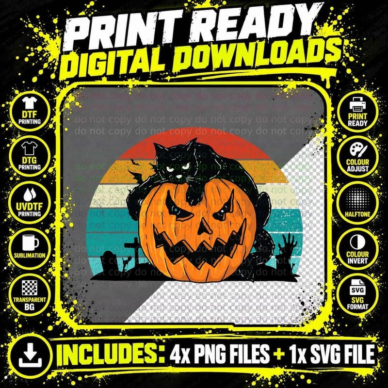 Vintage Scary Halloween Black Cat Costume Retro Moon Cat Png SVG Digital Bundle