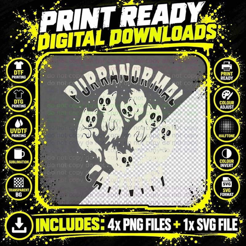 Vintage Spooky Ghost Cat Paranormal Funny Activity Png SVG Digital Bundle