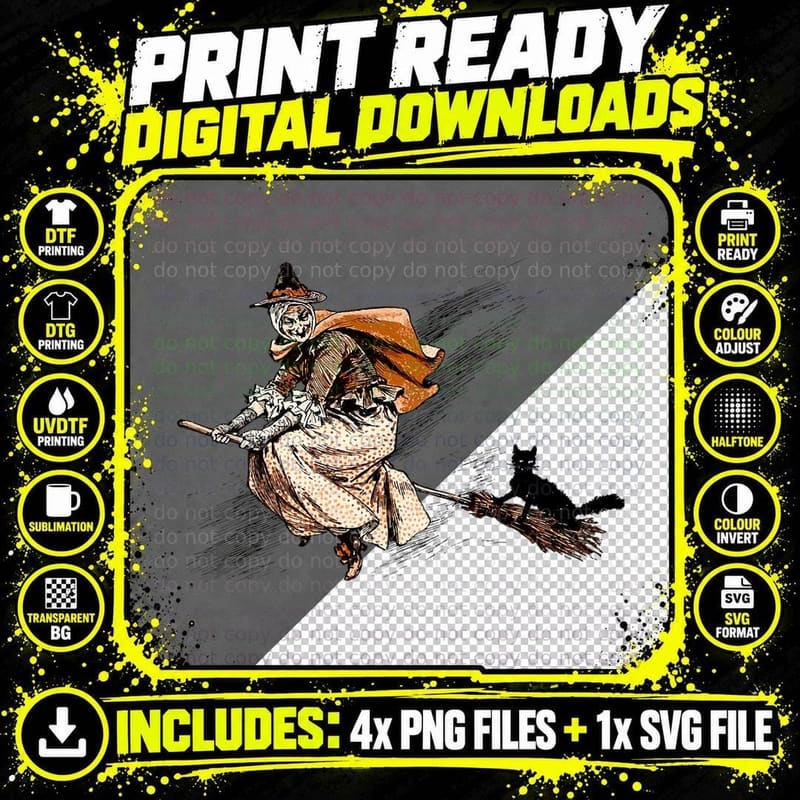Vintage Witch on Broom - Black Cat Retro Halloween Witch Png SVG Digital Bundle