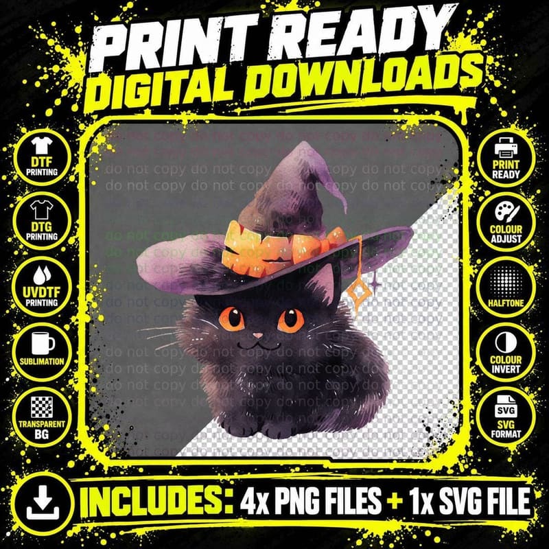 Witch Cat in Halloween 11 T-Shirt Png SVG Digital Bundle