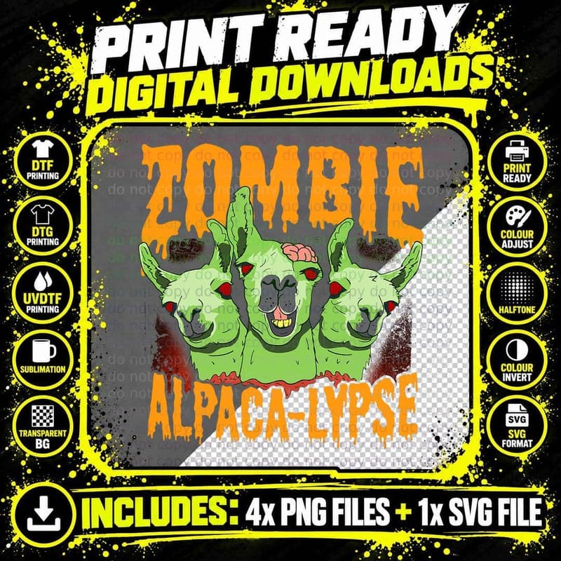 Zombie Alpaca-Lypse Halloween Llama Horror Funny T-Shirt Png SVG Digital Bundle