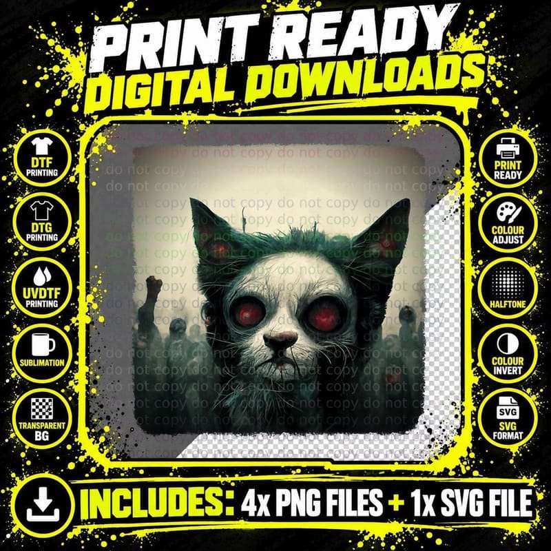 Zombie Cat Shirt Aesthetic Evil Scary Horror Halloween Png SVG Digital Bundle