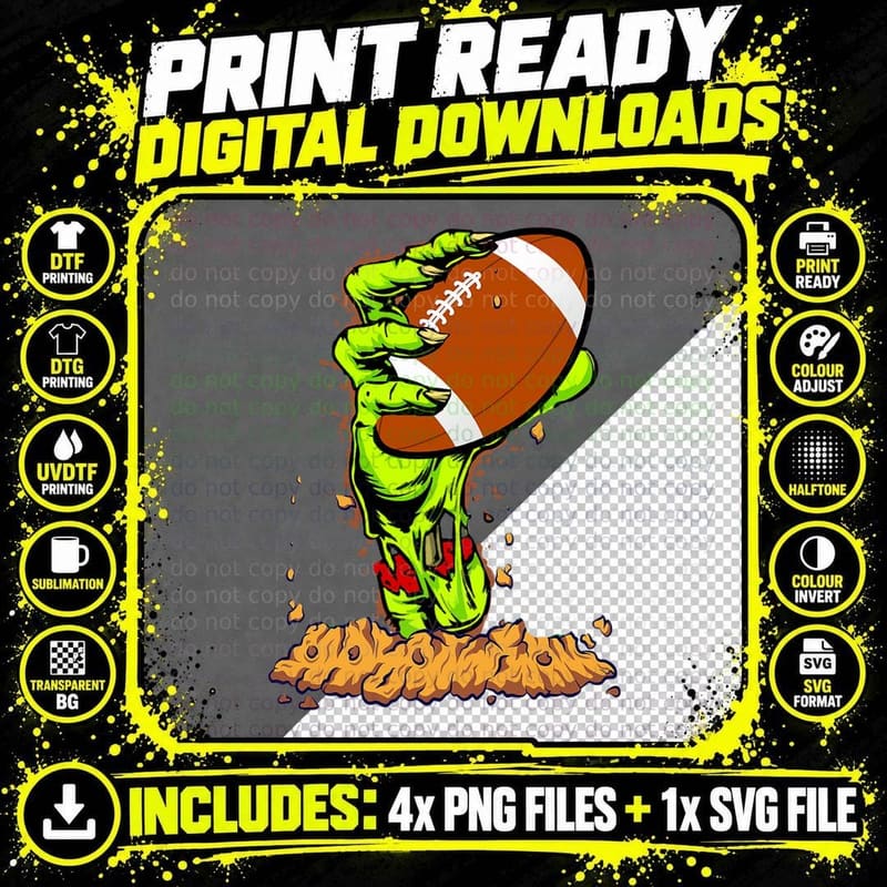 Zombie Hands Football Ball Funny Halloween Horror Scary Png SVG Digital Bundle