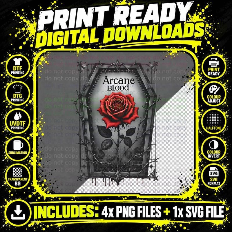 Arcane Blood Coffin Frame Rose Dark Ornate Mystery Png SVG Digital Bundle