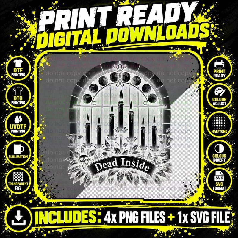 Arched Window Moon Phases Skull Candelabra Dead Inside Png SVG Digital Bundle