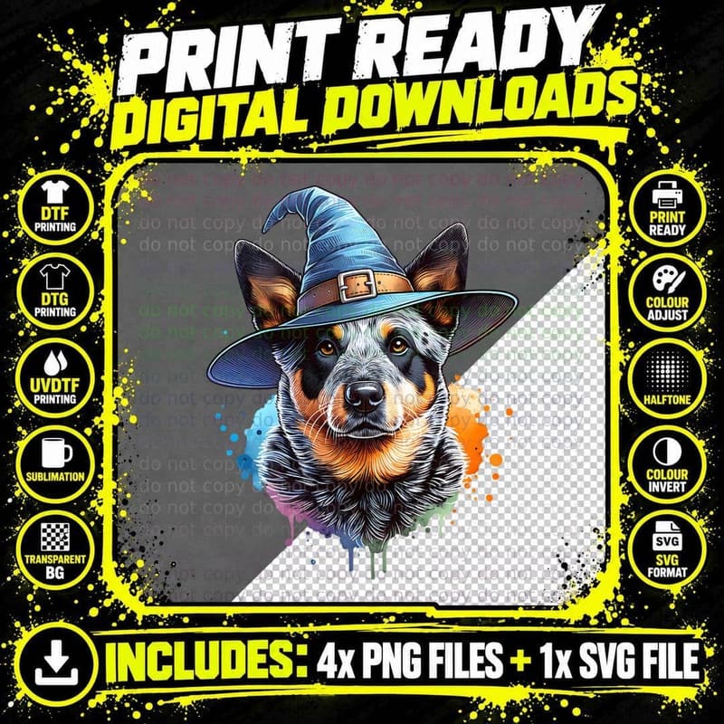 Australian Cattle Dog, Witches Hat Halloween, Horror Png SVG Digital Bundle