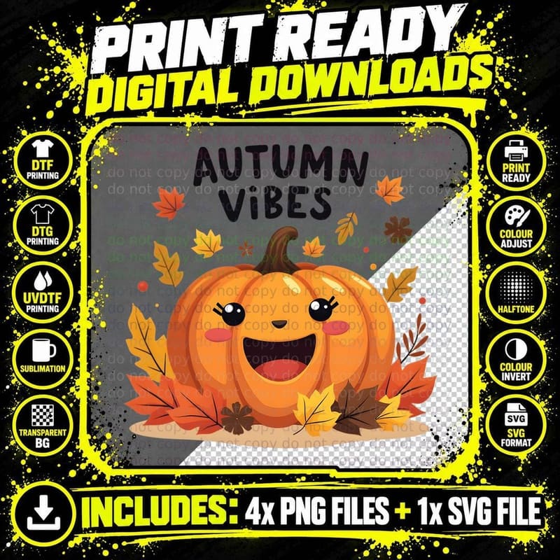 Autumn Vibes Smiling Pumpkin & Fall Leaves T-Shirt Png SVG Digital Bundle