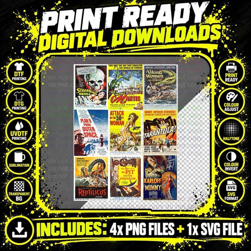 B Movie Poster Collection, Sci-Fi Horror Monsters T-Shirt Png SVG Digital Bundle