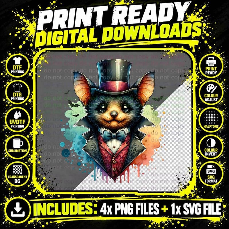 Bat in a Top Hat Halloween, Horror, Cute T-Shirt Png SVG Digital Bundle