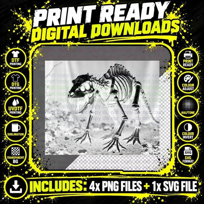 Black & White Dinosaur Skeleton Dramatic Pose Art T-Shirt Png SVG Digital Bundle