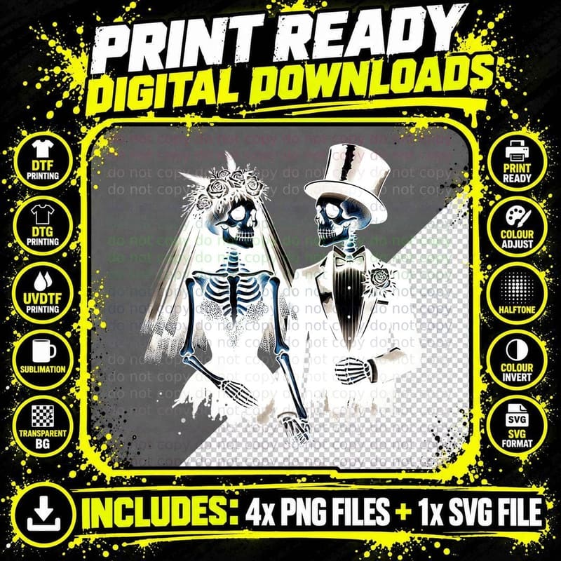 Bride and Groom Skeleton, Love, Horror, Halloween T-Shirt Png SVG Digital Bundle