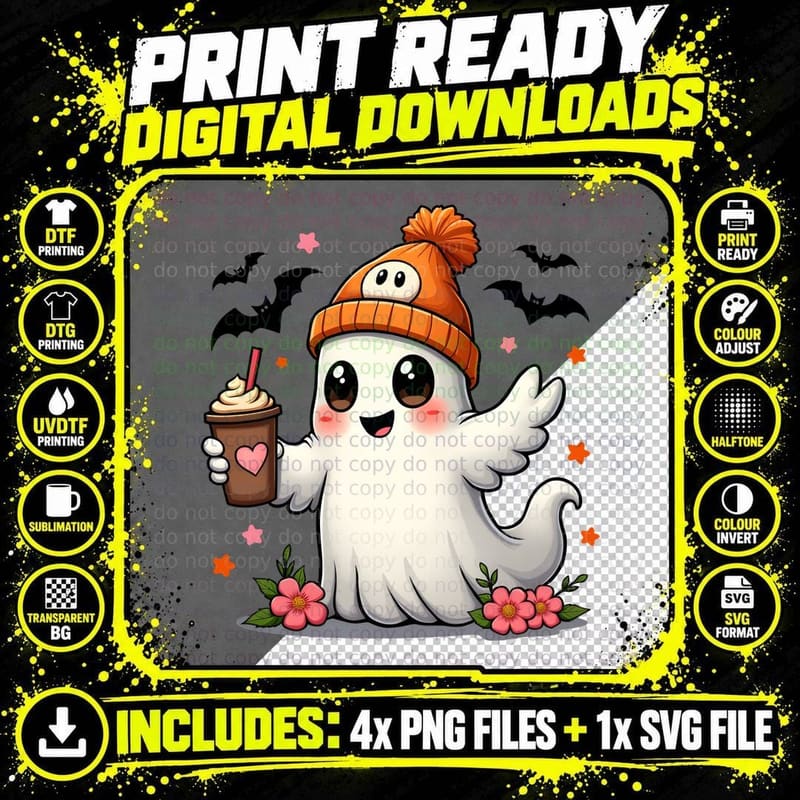 Cartoon Ghost with Iced Coffee T-Shirt Png SVG Digital Bundle