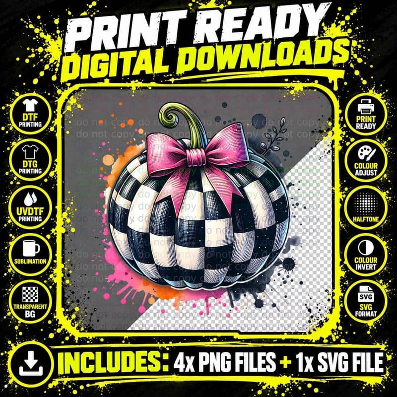 Checkered Pumpkin with Bow Clipart Shirt, Minimalist Png SVG Digital Bundle