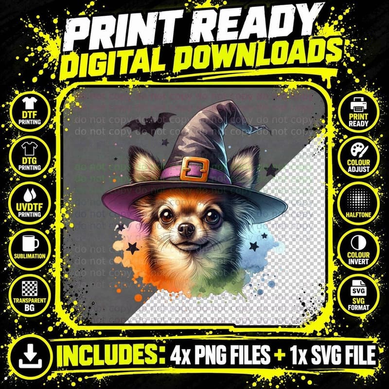 Chihuahua in Witch Hat, Halloween, Cute Dog Lover T-Shirt Png SVG Digital Bundle