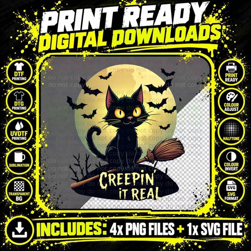 Creepin It Real Halloween Cat Shirt Funny Spooky Black Png SVG Digital Bundle