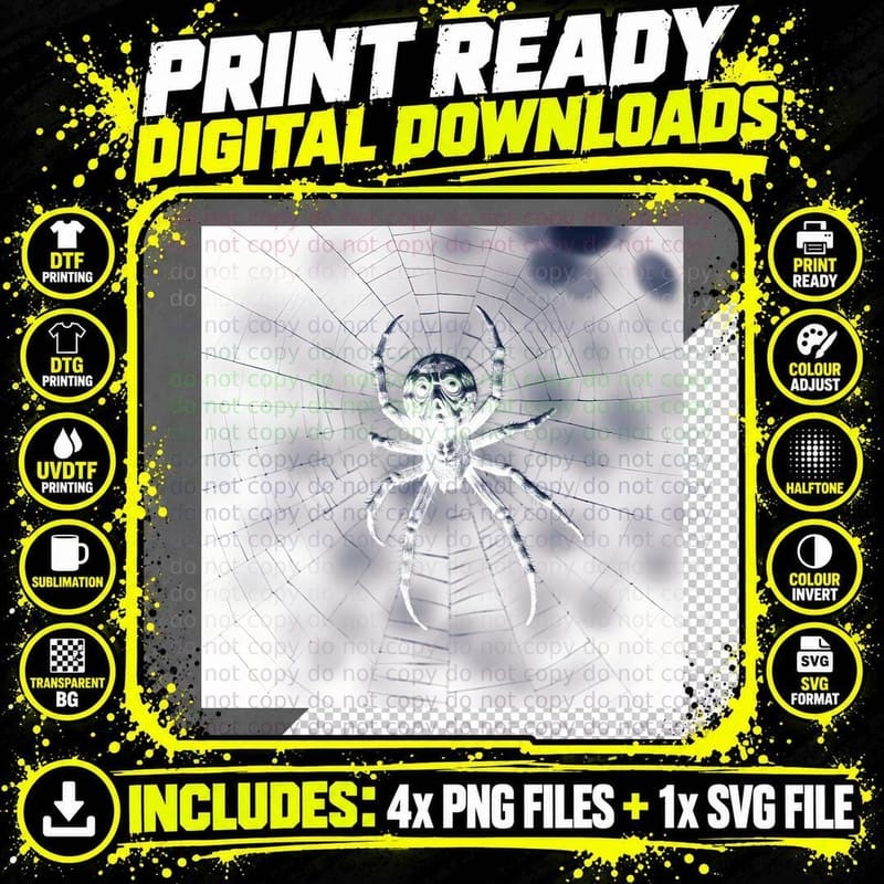 Creepy Spider on a Web Vintage T-Shirt Png SVG Digital Bundle