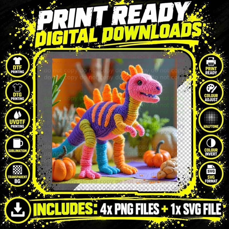 Crocheted Halloween Dinosaur Toy Pumpkin Spooky Fall Png SVG Digital Bundle