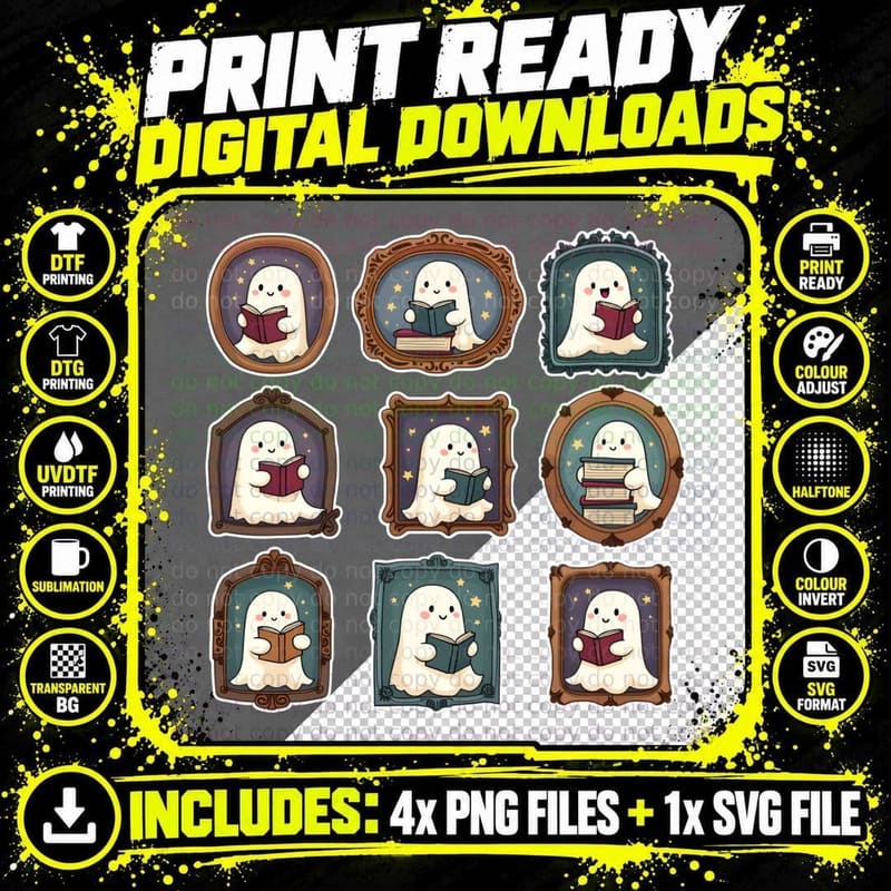 Cute Ghost Halloween Reading T-Shirt Png SVG Digital Bundle