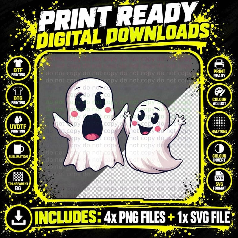 Cute Shocked Happy Ghosts Kawaii Spooky Season Halloween Png SVG Digital Bundle