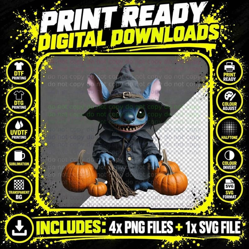 Cute Stitch Witch Costume Halloween Pumpkin Lilo & Png SVG Digital Bundle