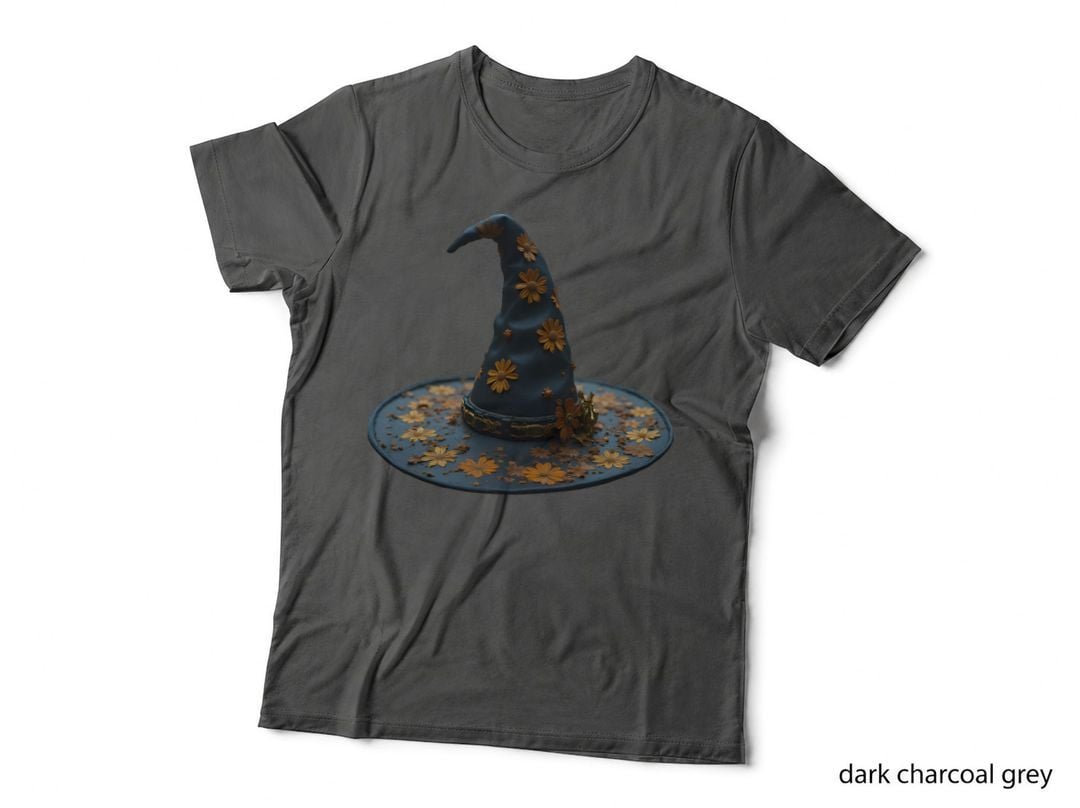 Dark Blue Witch Hat Gold Floral Pattern Spooky Halloween T-Shirt