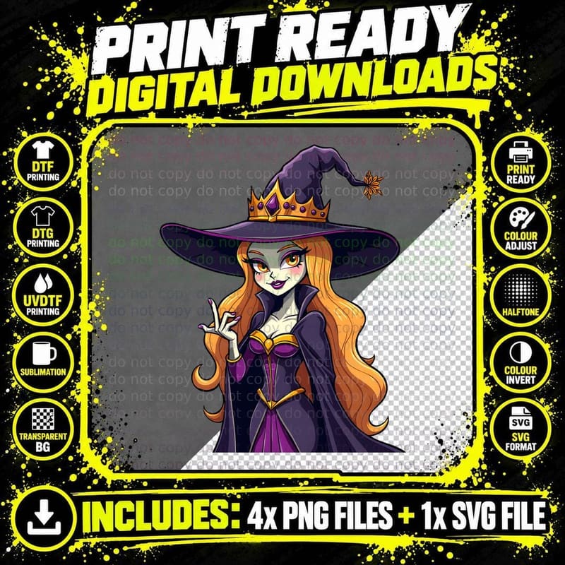 Dark Fantasy Witch Orange Hair Pointed Hat Star T-Shirt Png SVG Digital Bundle