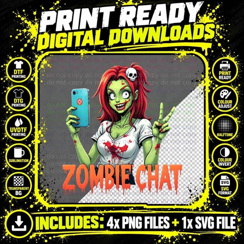 Detailed Zombie Woman with Iphone, Peace Sign Png SVG Digital Bundle