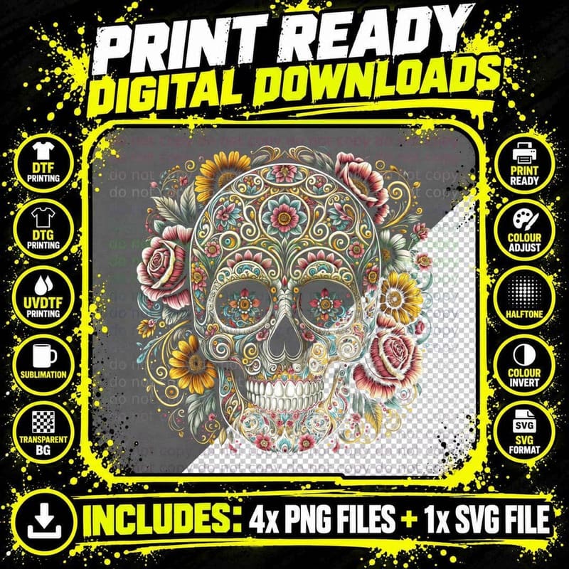 Dia De Los Muertos Day of Dead Sugar Skull Halloween Png SVG Digital Bundle