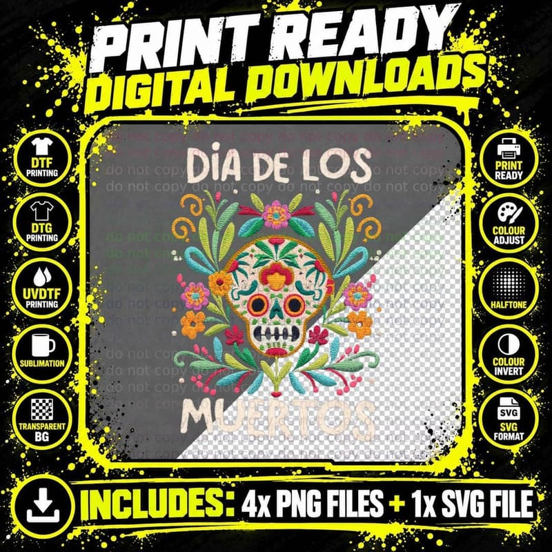 Dia De Los Muertos Mexico Flower Sugar Skull Halloween Png SVG Digital Bundle