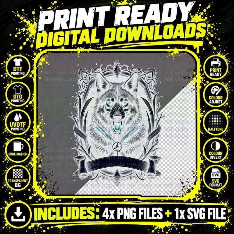 Dire Wolf Snarl, Ornate Silver Frame, Red Bow Png SVG Digital Bundle