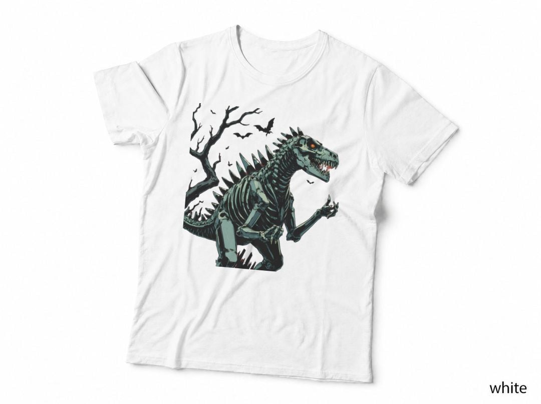 Eerie T-Rex Skeleton Menacing Spikes Red Glowing Eyes T-Shirt