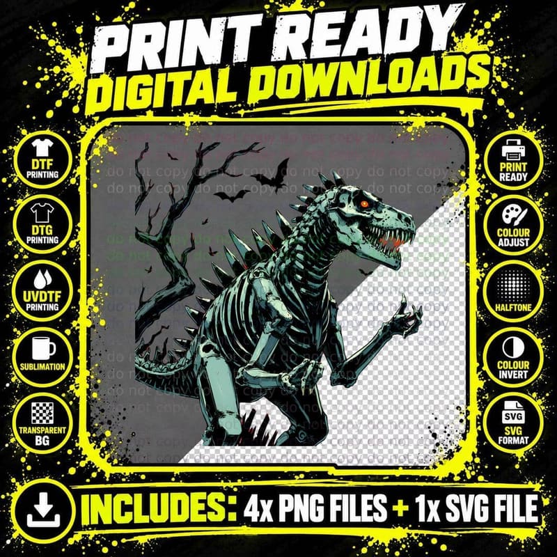 Eerie T-Rex Skeleton Menacing Spikes Red Glowing Eyes Png SVG Digital Bundle