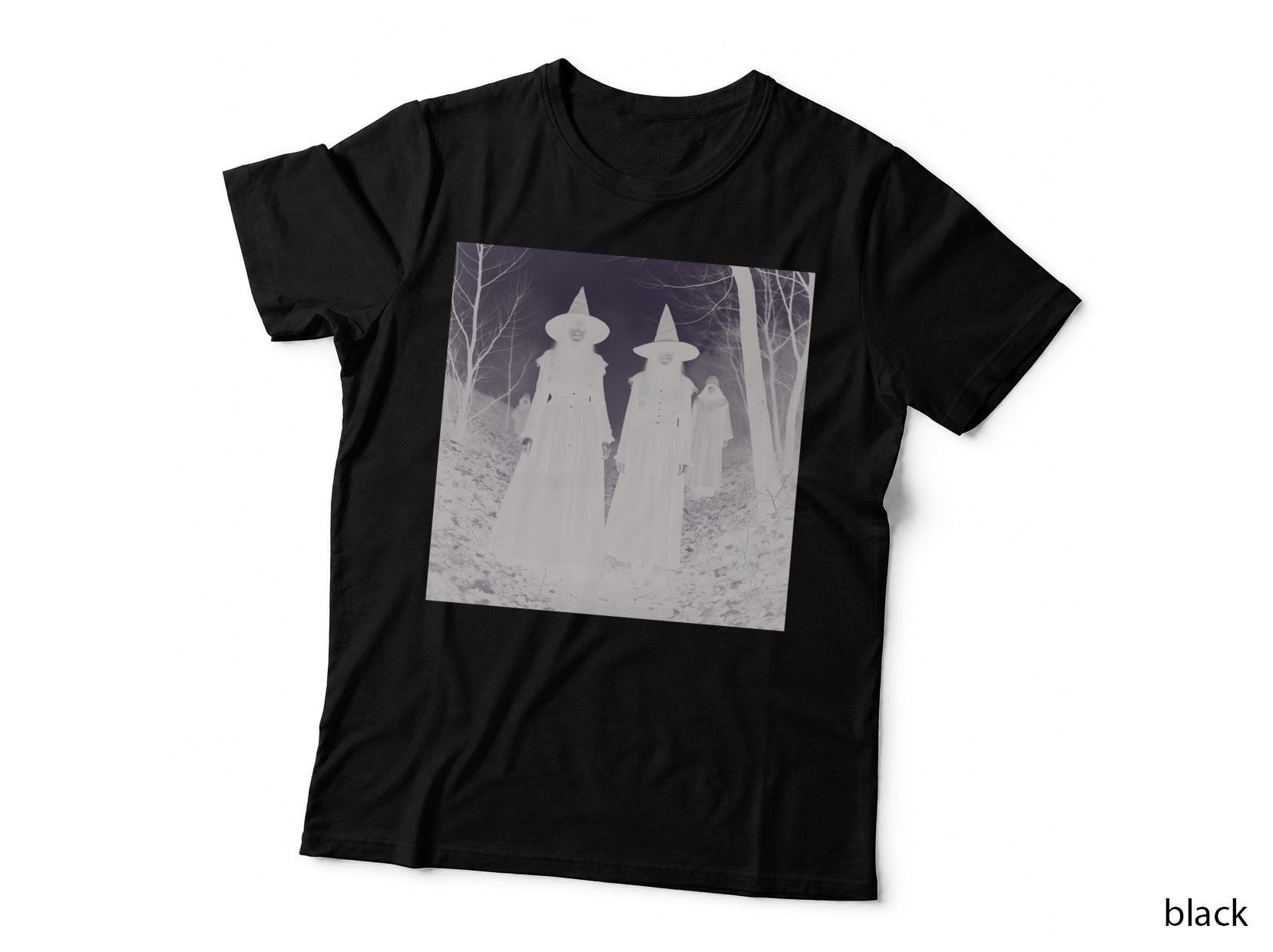 Eerie Witches Forest Foggy Black Gray Gothic Horror T-Shirt