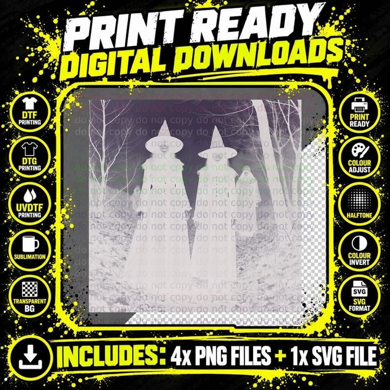 Eerie Witches Forest Foggy Black Gray Gothic Horror Png SVG Digital Bundle