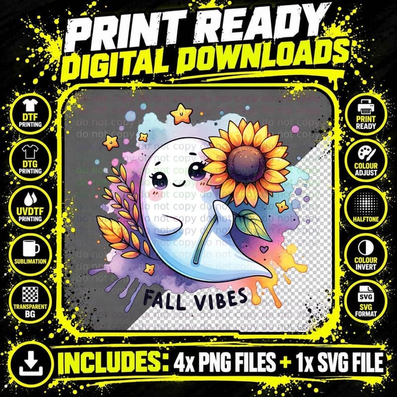 Fall Vibes Ghost with Sunflower Shirt, Retro Vintage Png SVG Digital Bundle