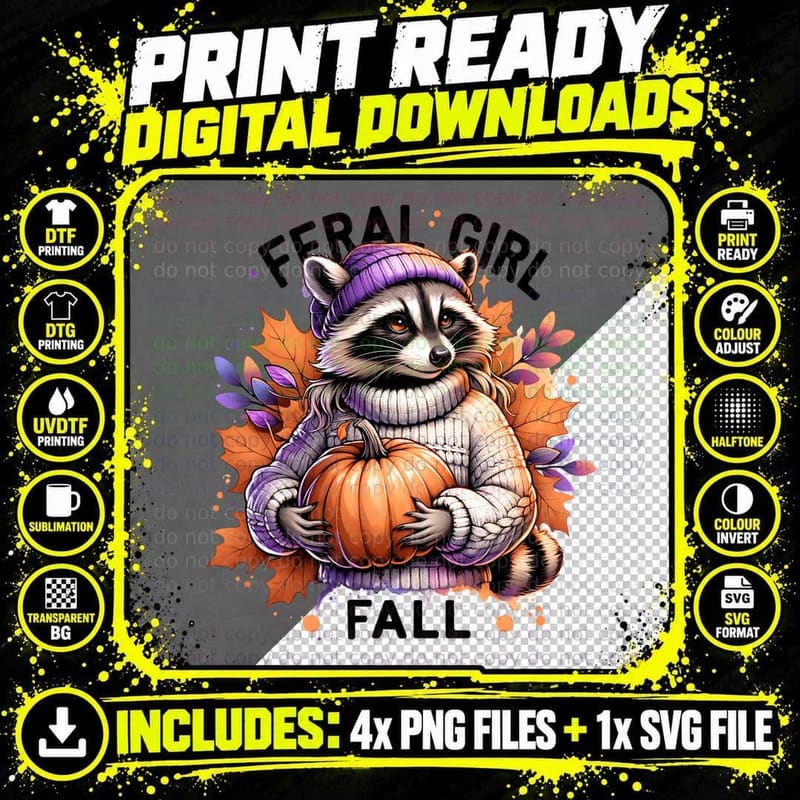Feral Girl Fall Raccoon Wearing Sweater Fall Png SVG Digital Bundle