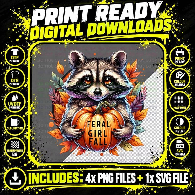 Feral Girl Fall Text on Pumpkin Fall, Cute T-Shirt Png SVG Digital Bundle