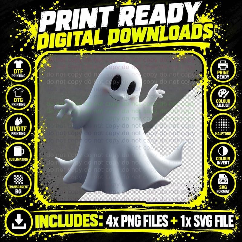 Friendly Waving Ghost Cute Cartoon Smiling Rosy Cheeks Png SVG Digital Bundle