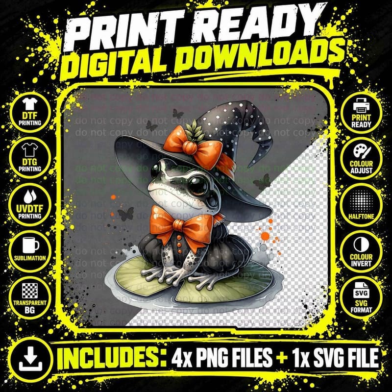 Frog Witch Cute Halloween, Horror, Cute T-Shirt Png SVG Digital Bundle