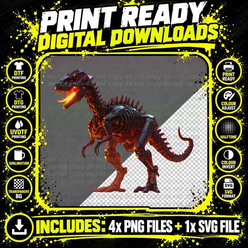 Futuristic T-Rex Skeleton Glowing Metallic Robot T-Shirt Png SVG Digital Bundle