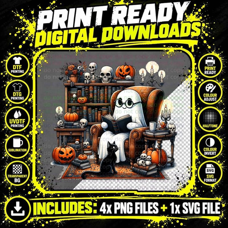 Ghost Reading a Book with a Black Cat, Gift Idea Png SVG Digital Bundle