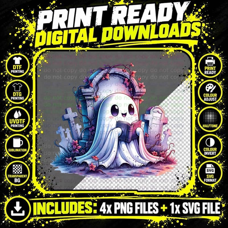 Ghost Reading in Graveyard Halloween, Horror Png SVG Digital Bundle