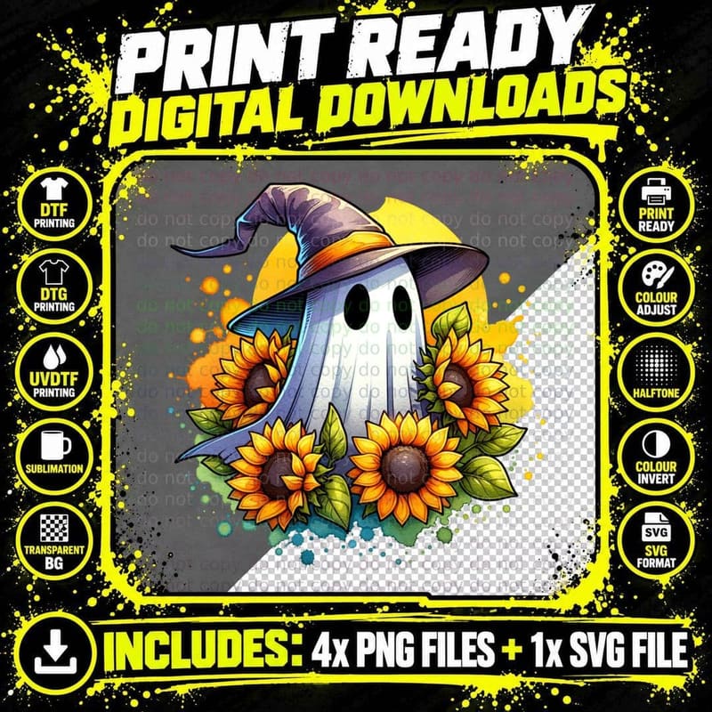 Ghost in Witch Hat in Sunflower, Retro Vintage, Cozy Png SVG Digital Bundle