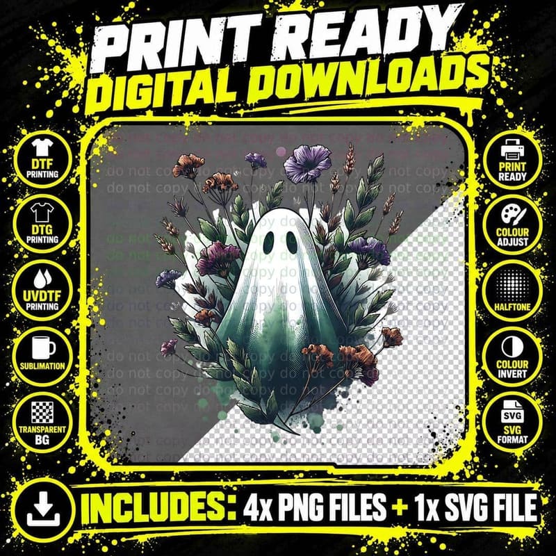 Ghost with Flowers Purple Vintage Halloween Goth Png SVG Digital Bundle