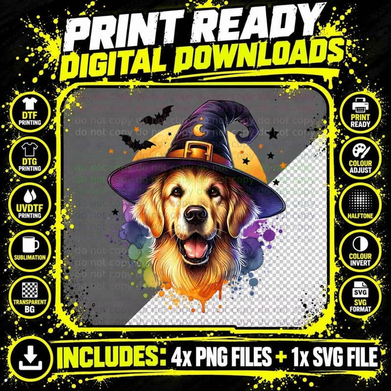Golden Retriever in Witch Hat Halloween Png SVG Digital Bundle