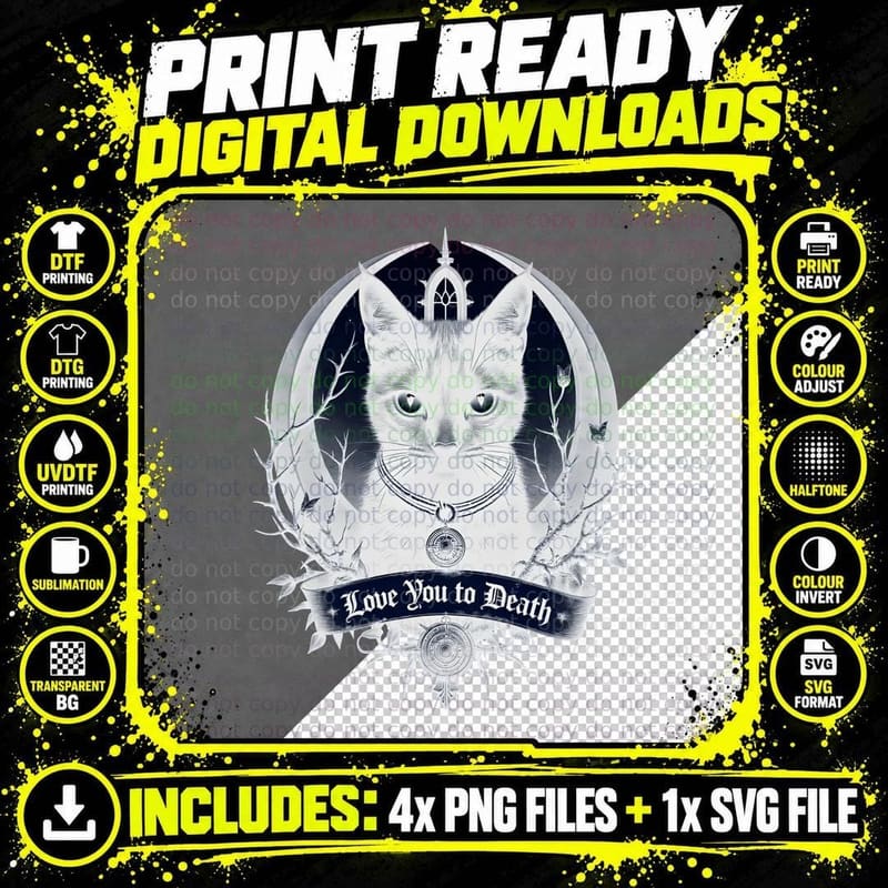Gothic Cat Love You to Death Black and White Png SVG Digital Bundle