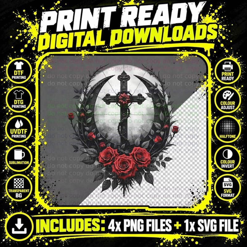 Gothic Cross and Thorny Vine with Red Roses and Moon Png SVG Digital Bundle