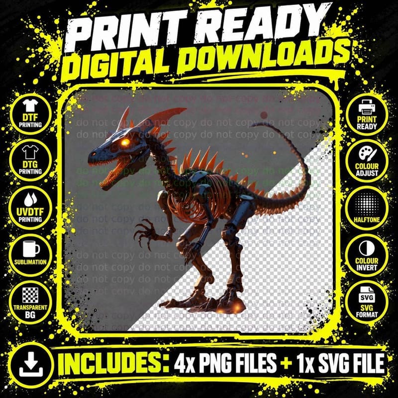 Gothic Dinosaur Skeleton Glowing Eyes Spiky Sci-Fi Png SVG Digital Bundle