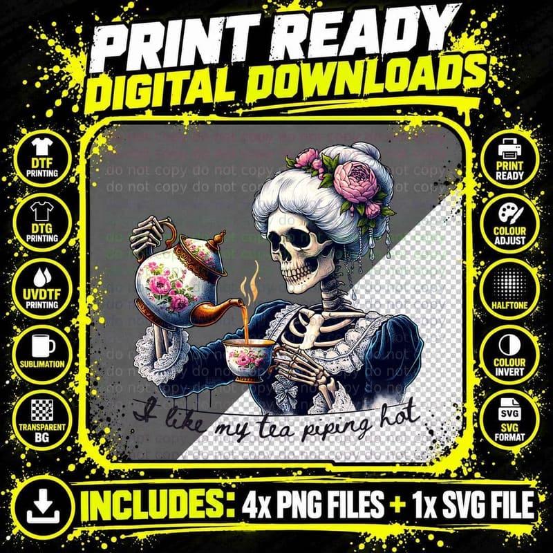 Gothic Skeleton Tea Lover Halloween Spooky Funny Gift Png SVG Digital Bundle