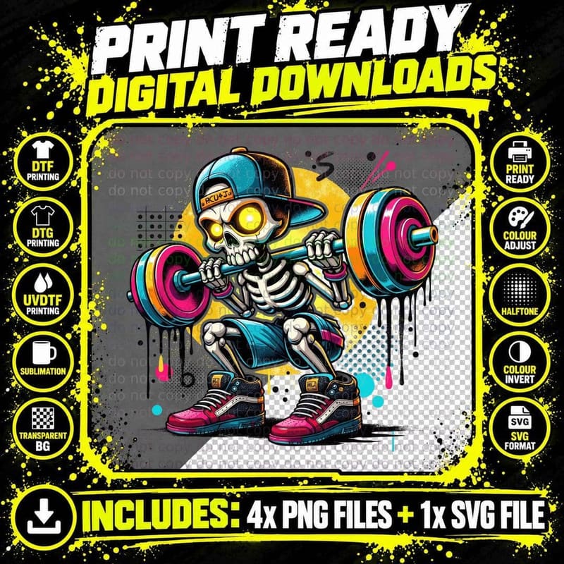 Gym Skeleton Weightlifting Neon Street Art Fitness Png SVG Digital Bundle